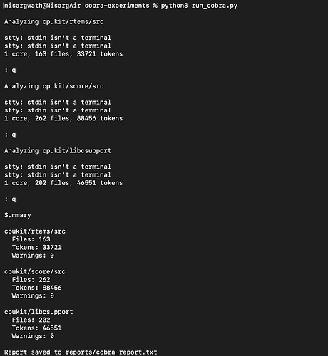 terminal output of the script summary.